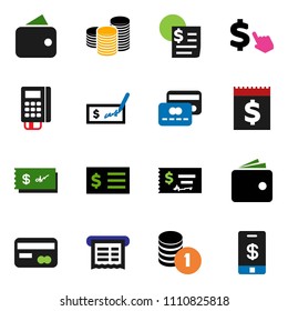 solid vector ixon set - wallet vector, coin stack, check, receipt, dollar cursor, credit card, reader, tap pay
