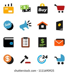 solid vector ixon set - wallet vector, dollar coin, cash, sale, 24 hour, buy, receipt, cart, home, shopping list, auction, mail, catalog, loudspeaker, baby stroller