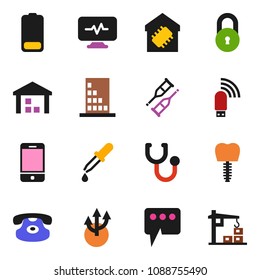 solid vector ixon set - warehouse vector, mobile phone, classic, battery, dropper, crutches, stethoscope, diagnostic monitor, tooth implant, usb modem, message, route arrow, lock, smart home