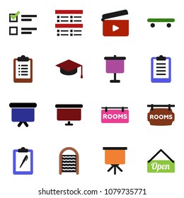 solid vector ixon set - washboard vector, graduate hat, presentation, exam, board, clipboard, skateboard, cinema clap, rooms signboard, open