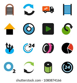 solid vector ixon set - washboard vector, toilet paper, plates, pie graph, arrow up, oxygen, play button, refresh, redo, route, relocation truck, 24 hour
