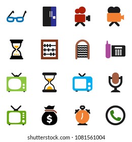solid vector ixon set - washboard vector, glasses, alarm clock, abacus, money bag, sand, phone, tv, video camera, microphone, fridge