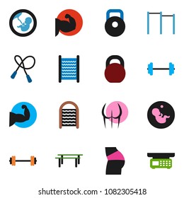 solid vector ixon set - washboard vector, barbell, weight, jump rope, horizontal bar, muscule hand, buttocks, pregnancy, store scales