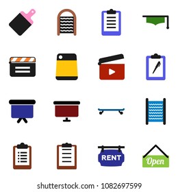 solid vector ixon set - washboard vector, cutting board, graduate hat, presentation, clipboard, skateboard, cinema clap, rent signboard, open