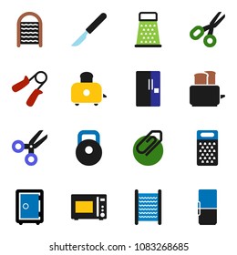 solid vector ixon set - washboard vector, grater, toaster, microwave oven, scissors, safe, weight, hand trainer, scalpel, attachment, fridge
