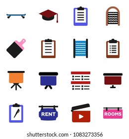 solid vector ixon set - washboard vector, cutting board, graduate hat, presentation, exam, clipboard, skateboard, cinema clap, rent signboard, rooms