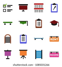 solid vector ixon set - washboard vector, graduate hat, presentation, exam, board, clipboard, skateboard, rent signboard, rooms