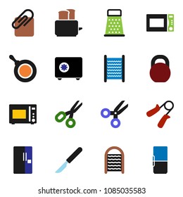 solid vector ixon set - washboard vector, pan, grater, toaster, microwave oven, scissors, safe, weight, hand trainer, scalpel, attachment, fridge