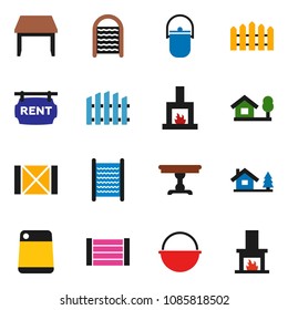 solid vector ixon set - washboard vector, camping cauldron, cutting board, wood box, chalet, fence, rent signboard, table, fireplace