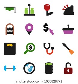 solid vector ixon set - washboard vector, spatula, spices, graduate hat, money search, dollar cursor, barbell, scales, tulip, oil barrel, pregnancy, stethoscope, pin, cashbox, basket, unlock