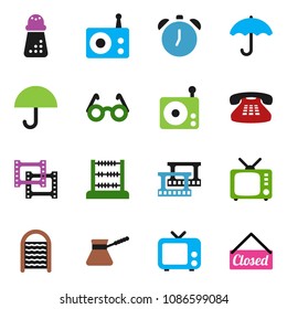 solid vector ixon set - washboard vector, hand mill, turk coffee, glasses, alarm clock, abacus, umbrella, film frame, radio, tv, classic phone, closed