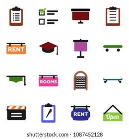 solid vector ixon set - washboard vector, graduate hat, presentation, exam, board, clipboard, skateboard, cinema clap, rent signboard, rooms, open