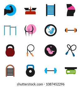 solid vector ixon set - washboard vector, barbell, weight, jump rope, horizontal bar, muscule hand, buttocks, pregnancy, store scales