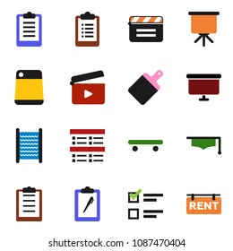 solid vector ixon set - washboard vector, cutting board, graduate hat, presentation, exam, clipboard, skateboard, cinema clap, rent signboard
