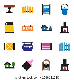 solid vector ixon set - washboard vector, camping cauldron, cutting board, wood box, chalet, fence, rent signboard, table, fireplace