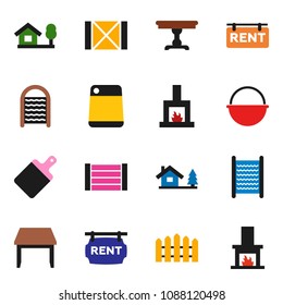 solid vector ixon set - washboard vector, camping cauldron, cutting board, wood box, chalet, fence, rent signboard, table, fireplace
