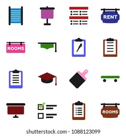 solid vector ixon set - washboard vector, cutting board, graduate hat, presentation, exam, clipboard, skateboard, rent signboard, rooms