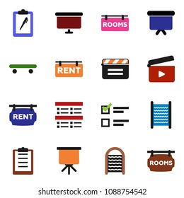 solid vector ixon set - washboard vector, presentation, exam, board, skateboard, clipboard, cinema clap, rent signboard, rooms