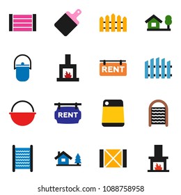 solid vector ixon set - washboard vector, camping cauldron, cutting board, wood box, chalet, fence, rent signboard, fireplace