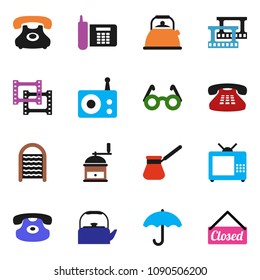 solid vector ixon set - washboard vector, kettle, hand mill, turk coffee, glasses, phone, umbrella, film frame, radio, classic, tv, closed