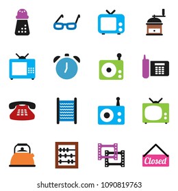 solid vector ixon set - washboard vector, kettle, hand mill, glasses, alarm clock, abacus, phone, film frame, radio, tv, classic, closed
