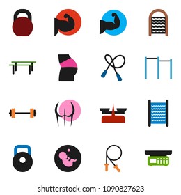 solid vector ixon set - washboard vector, barbell, weight, jump rope, horizontal bar, muscule hand, buttocks, pregnancy, store scales