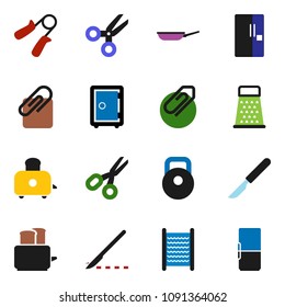 solid vector ixon set - washboard vector, pan, grater, toaster, scissors, safe, weight, hand trainer, scalpel, attachment, fridge