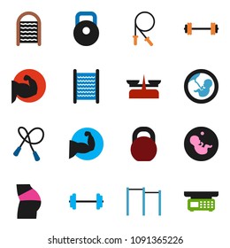 solid vector ixon set - washboard vector, barbell, weight, jump rope, horizontal bar, muscule hand, buttocks, pregnancy, store scales