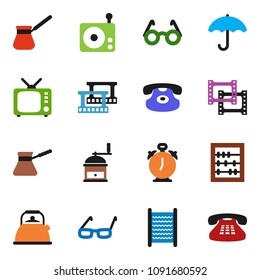 solid vector ixon set - washboard vector, kettle, hand mill, turk coffee, glasses, alarm clock, abacus, umbrella, film frame, radio, tv, classic phone