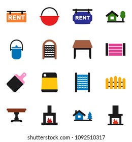 solid vector ixon set - washboard vector, camping cauldron, cutting board, wood box, chalet, fence, rent signboard, table, fireplace
