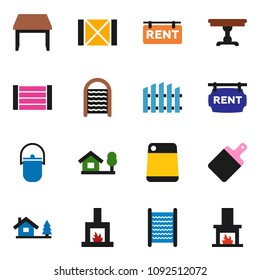 solid vector ixon set - washboard vector, camping cauldron, cutting board, wood box, chalet, fence, rent signboard, table, fireplace