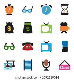 solid vector ixon set - washboard vector, glasses, alarm clock, film frame, video camera, microphone, classic phone, sand, fridge, tv, money bag, closed
