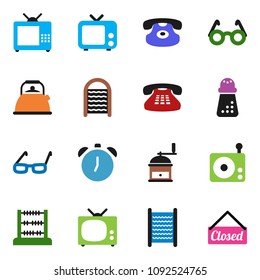 solid vector ixon set - washboard vector, kettle, hand mill, glasses, alarm clock, abacus, radio, tv, classic phone, closed
