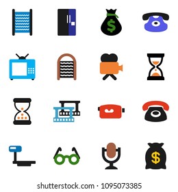 solid vector ixon set - washboard vector, glasses, money bag, sand clock, big scales, film frame, video camera, microphone, classic phone, fridge, tv