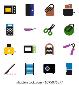 solid vector ixon set - washboard vector, pan, grater, toaster, microwave oven, scissors, safe, hand trainer, scalpel, attachment, fridge
