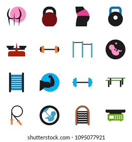 solid vector ixon set - washboard vector, barbell, weight, jump rope, horizontal bar, muscule hand, buttocks, pregnancy, store scales