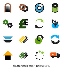 solid vector ixon set - washboard vector, toilet paper, plates, pie graph, arrow up, pound, pills blister, gear, refresh, redo, loading, route, relocation truck