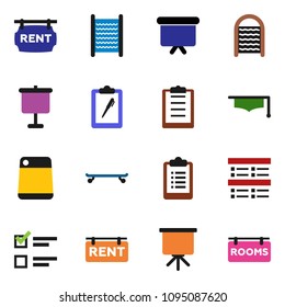 solid vector ixon set - washboard vector, cutting board, graduate hat, presentation, exam, clipboard, skateboard, rent signboard, rooms