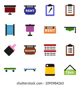 solid vector ixon set - washboard vector, cutting board, graduate hat, presentation, exam, clipboard, skateboard, rent signboard, rooms, open