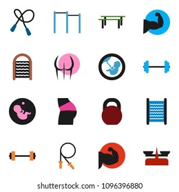 solid vector ixon set - washboard vector, barbell, weight, jump rope, horizontal bar, muscule hand, buttocks, pregnancy, store scales