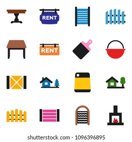 solid vector ixon set - washboard vector, camping cauldron, cutting board, wood box, chalet, fence, rent signboard, table, fireplace