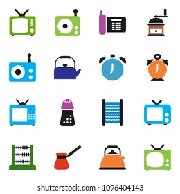 solid vector ixon set - washboard vector, kettle, hand mill, turk coffee, alarm clock, abacus, phone, radio, tv