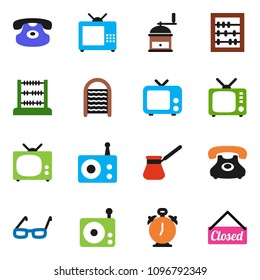 solid vector ixon set - washboard vector, hand mill, turk coffee, glasses, alarm clock, abacus, phone, radio, tv, classic, closed