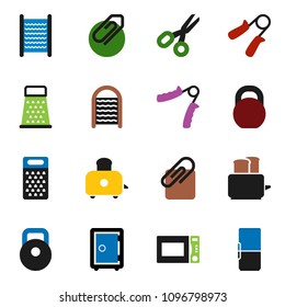 solid vector ixon set - washboard vector, grater, toaster, microwave oven, scissors, safe, weight, hand trainer, attachment, fridge