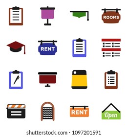 solid vector ixon set - washboard vector, cutting board, graduate hat, presentation, exam, clipboard, cinema clap, rent signboard, rooms, open