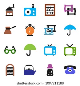 solid vector ixon set - washboard vector, kettle, hand mill, turk coffee, glasses, alarm clock, abacus, umbrella, film frame, radio, tv, classic phone