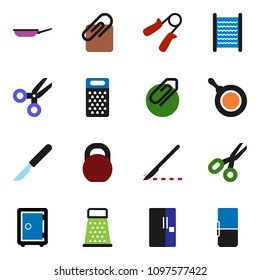 solid vector ixon set - washboard vector, pan, grater, scissors, safe, weight, hand trainer, scalpel, attachment, fridge