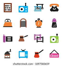 solid vector ixon set - washboard vector, kettle, hand mill, turk coffee, alarm clock, abacus, phone, film frame, radio, tv, closed