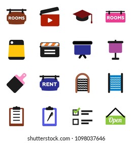 solid vector ixon set - washboard vector, cutting board, graduate hat, presentation, exam, clipboard, cinema clap, rent signboard, rooms, open
