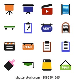 solid vector ixon set - washboard vector, cutting board, graduate hat, presentation, clipboard, skateboard, cinema clap, rent signboard, open